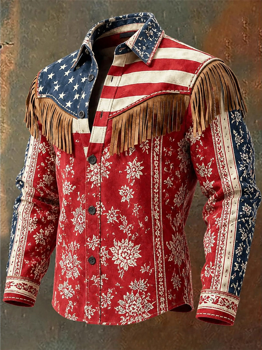 Men's Retro Style Art Print Western Vintage Tassel Casual Long Sleeve Shirt